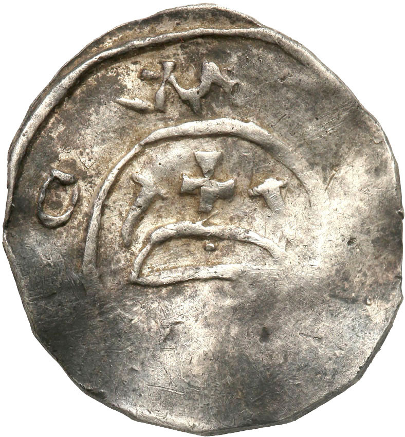 Mieszko Bolesławic (później Mieszko II) jako następca tronu. Denar, typ "z pałąkami", ok. 1015-1020. EKSTREMALNIE RZADKI
